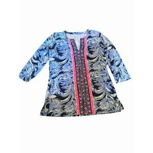 Lilly Pulitzer Tunic Top Women XS Blue Pink Novelty Print Karina Tropical